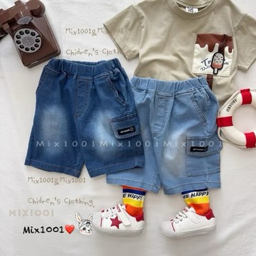 🌈✨mix1001薄 舒適軟布👍小標籤😊造型牛仔短褲✨兒童簡約丹寧牛仔短褲5-17