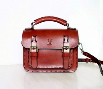 復古經典迷你劍橋包，紅棕色郵差包，植鞣皮女士包包，雙搭扣單肩包