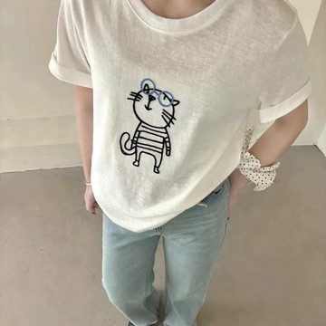 【CHILL】現貨 韓系可愛毛線貓咪雪花棉上衣 女生寬鬆上衣 韓國寬鬆短袖T恤 寬鬆 短袖上衣 大版寬T 棉花糖