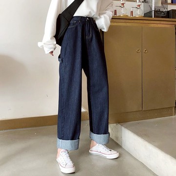 復古高腰牛仔褲女新款秋裝韓版寬松直筒褲顯瘦闊腿褲拖地長褲1入