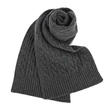 RALPH LAUREN POLO小馬刺繡素面羊毛混紡絞花針織圍巾-深灰/墨綠色