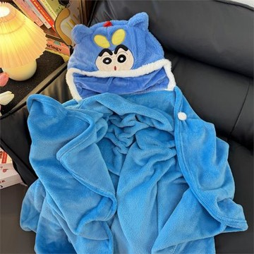卡通蠟筆小新披風辦公室午睡毯斗篷蓋毯學生午休毛毯連帽披肩毯子