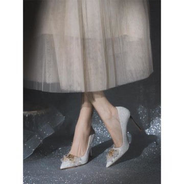 法式高跟鞋女2025新款銀色細跟珍珠氣質名媛高級婚鞋新娘鞋不累腳