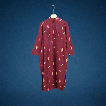 二手 酒紅色 彩色羽毛花紋 古董訂製 絨面長袖旗袍 CA0803