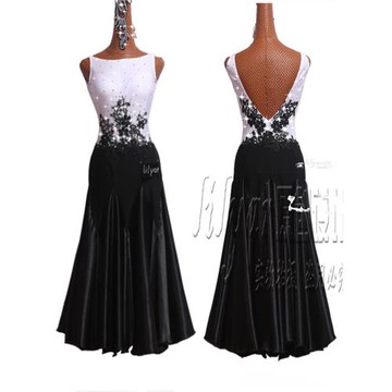 新款摩登舞裙交誼舞演出服表演服比賽服黑白經典搭配配黑色繡花