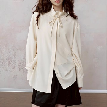 🧡任2件結帳77折🧡中大尺碼 襯衫 設計感立領綁帶寬鬆長袖襯衫【074576】DEC25｜2色  19LADY〔現貨〕