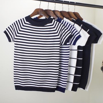 2025夏季女裝簡潔百搭基礎黑白條紋短袖純棉T恤女t恤條紋打底衫女