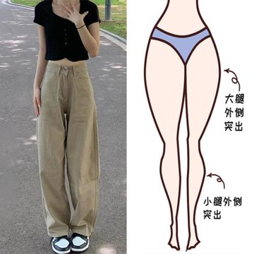 卡其色直筒牛仔褲女秋冬新款胖妹妹mm高腰寬松顯瘦梨形身材闊腿褲