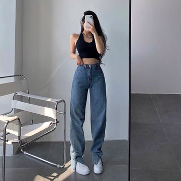 YoungGirlDay 2023新款高腰修身顯瘦百搭直筒拖地開叉牛仔褲長褲