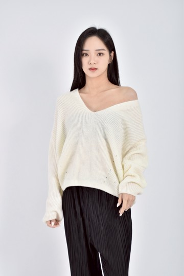 (XL) nuda質感V領杏色毛衣