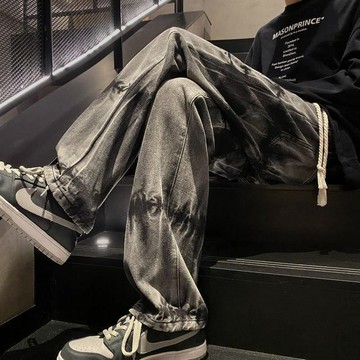 YLIE 牛仔褲 長褲男 牛仔褲男 美式oversize褲子鬆緊腰抽繩 扎染牛仔褲 男寬鬆直筒水洗高街工裝褲 長褲 男褲