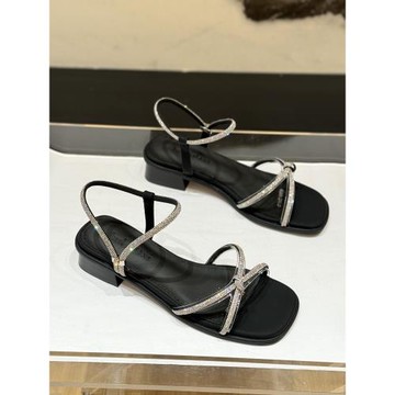 網紅法式方頭中跟水鉆一字帶涼鞋女2024新款夏粗跟低跟仙女高跟鞋