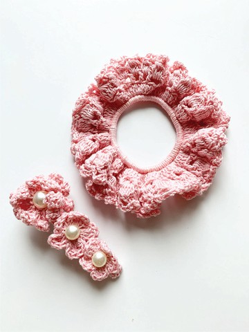 鈎編珍珠花及蕾絲髮圈套裝