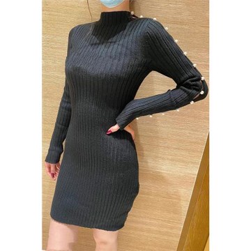 2022黑色珍珠袖羊毛針織修身顯瘦長袖連衣裙SFPRO025