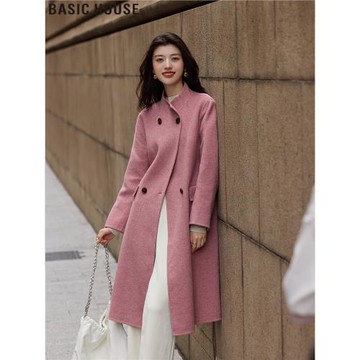 Basic House/百家好長款雙排扣立領綿羊毛呢大衣冬裝2025新款女裝