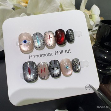 ➕最新設計款穿戴甲💅【男女衕款】眼睛貓眼穿戴甲男士美甲小衆美甲店衕款高品質指甲片短方圓穿戴甲 HSRC