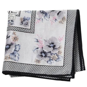 Christian DIOR 淺灰白底斜紋框繽紛花卉圖騰字母LOGO帕領巾(46CM)