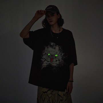 黑色廓形短袖T恤 男士夜光貓咪t恤上衣