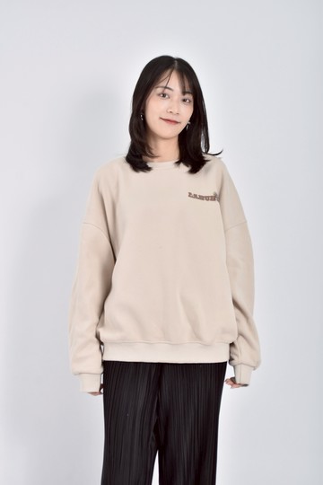 加購優惠(2XL) 落肩卡通圖案大學T淺杏色長袖上衣