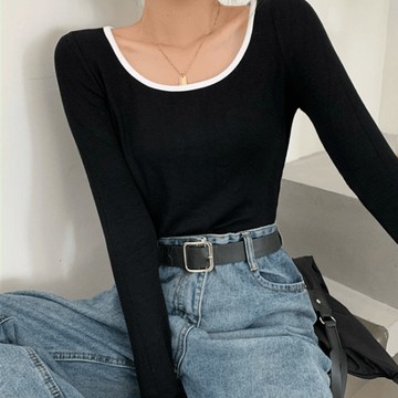9th street 顯瘦遮肚長袖T｜撞色修身藏肉打底上衣 秋冬新款(預購)