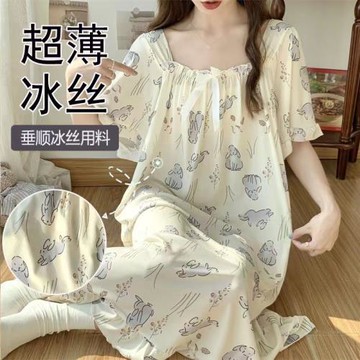 胖妹妹夏季女睡衣短袖甜美冰絲大碼300斤寬松涼快200斤睡裙家居服
