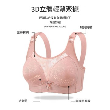 【乳膠透氣杯內衣】大尺寸 無鋼圈 美背 洞洞杯 舒適透氣 性感蕾絲 側收調整型胸罩