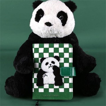 熊貓PANDA 棋盤格A6毛絨手帳本 可愛萌趣筆記本