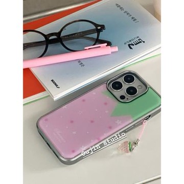 韓系ins風簡約高級感可愛卡通粉底星星草莓適用手機殼iPhone16promax/15/14pro/13全包滴膠銀邊蘋果手機殼