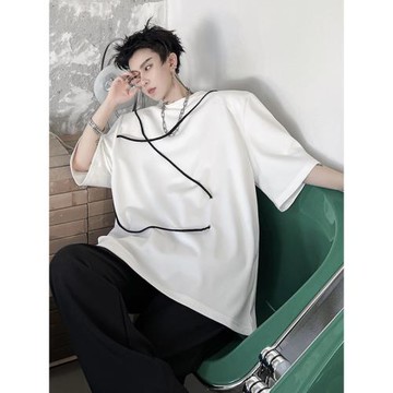 夏季禁欲系黑白抽繩短袖t恤男小眾墊肩設計感痞帥半袖發型師潮流