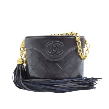 CHANEL 香奈兒 黑色 菱格紋皮革 流蘇 鍊帶肩背包 【二手名牌BRAND OFF】