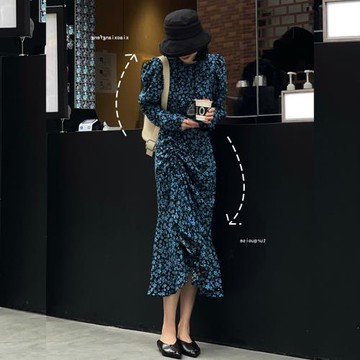 富家千金高級感絕美碎花裙春季2026年新款褶皺設計感魚尾連衣裙女