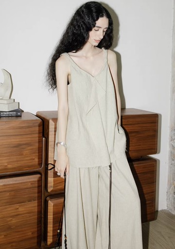 法式復古 扭結麻料木耳邊背心 度假上衣