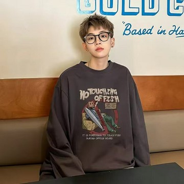 M-5XL 大學T男 秋冬季 印花上衣 寬鬆休閒 無帽衛衣 男生港風 百搭圓領 長袖 內刷毛 韓版上衣男