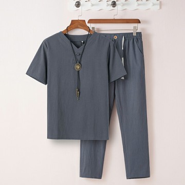 夏季中年男棉麻套裝中老年爸爸夏裝短袖寬松老年爺爺休閑亞麻套裝