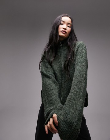 Topshop knitted zip through fluffy cardi with pockets in khaki-Green