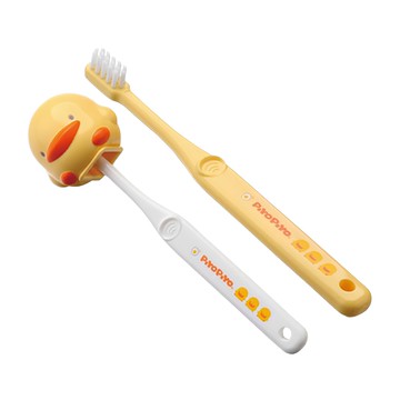 PiYOPiYO 黃色小鴨 幼兒牙刷組 毛尖圓潤光滑 不傷齒齦及法瑯質 小巧刷頭 附造型保潔盒  白色 + 黃色  2支  1組