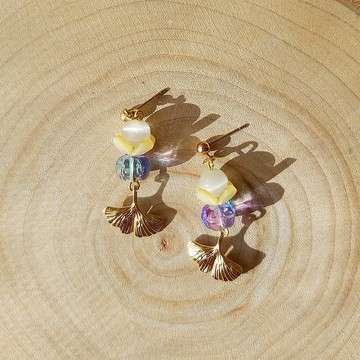 蛋白花花芯 黃銅銀杏吊飾 紫藍漸層 耳環耳針耳夾 鍍金 生日禮物