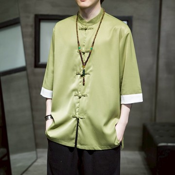 唐裝男士短袖夏季薄款中國風冰絲襯衫古風青年中山裝大碼改良漢服