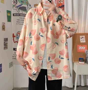 FINDSENSE X 時尚 韓潮 男士 街頭 休閒寬鬆 五分袖 鈕扣 蘋果圖案 短袖襯衫