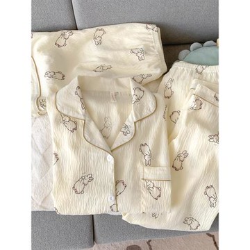 可愛萌兔短袖睡衣女夏季薄款純棉紗布三件套裝2025新款春秋家居服