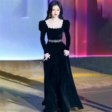 鞠婧祎同款禮服黑色宴會長裙生日高級感氣質赫本風絲絨年會晚禮服