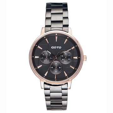 GOTO Nostalgia懷舊系列—十字花玻璃手錶-IP玫x黑x黑鋼帶/37mm