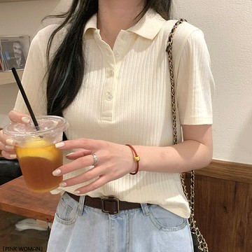 可愛學生Polo領短袖T恤女夏季修身顯瘦半袖上衣小個子坑條打底衫