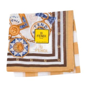 FENDI 方塊金鍊條FF金LOGO滾邊帕領巾(白底系/47CM)