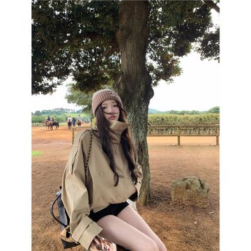 TooToo英倫風立領短款風衣女秋季法式復古雙排扣寬松休閑外套上衣