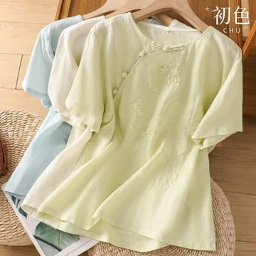 初色 新中式純色刺繡斜襟盤扣寬鬆圓領短袖T恤上衣女上衣-共3色-52114(M-3XL可選)