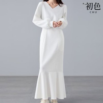 初色 法式風優雅修身顯瘦純色V領長袖美人魚荷葉邊中長裙連衣裙連身洋裝-共2色-17608(F可選)