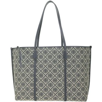TORY BURCH T Monogram Perry 大款 緹花編織拼皮革可拆內層手提 肩背托特包(海軍藍)