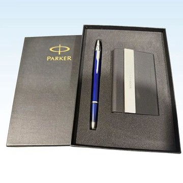 PARKER 派克 新IM系列 寶藍白夾 原子筆+磁性名片盒組