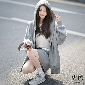 初色  休閒運動素色抽繩連帽大口袋雙頭拉鍊寬鬆中大尺碼長袖上衣外套-灰色-30218(M-XL可選)